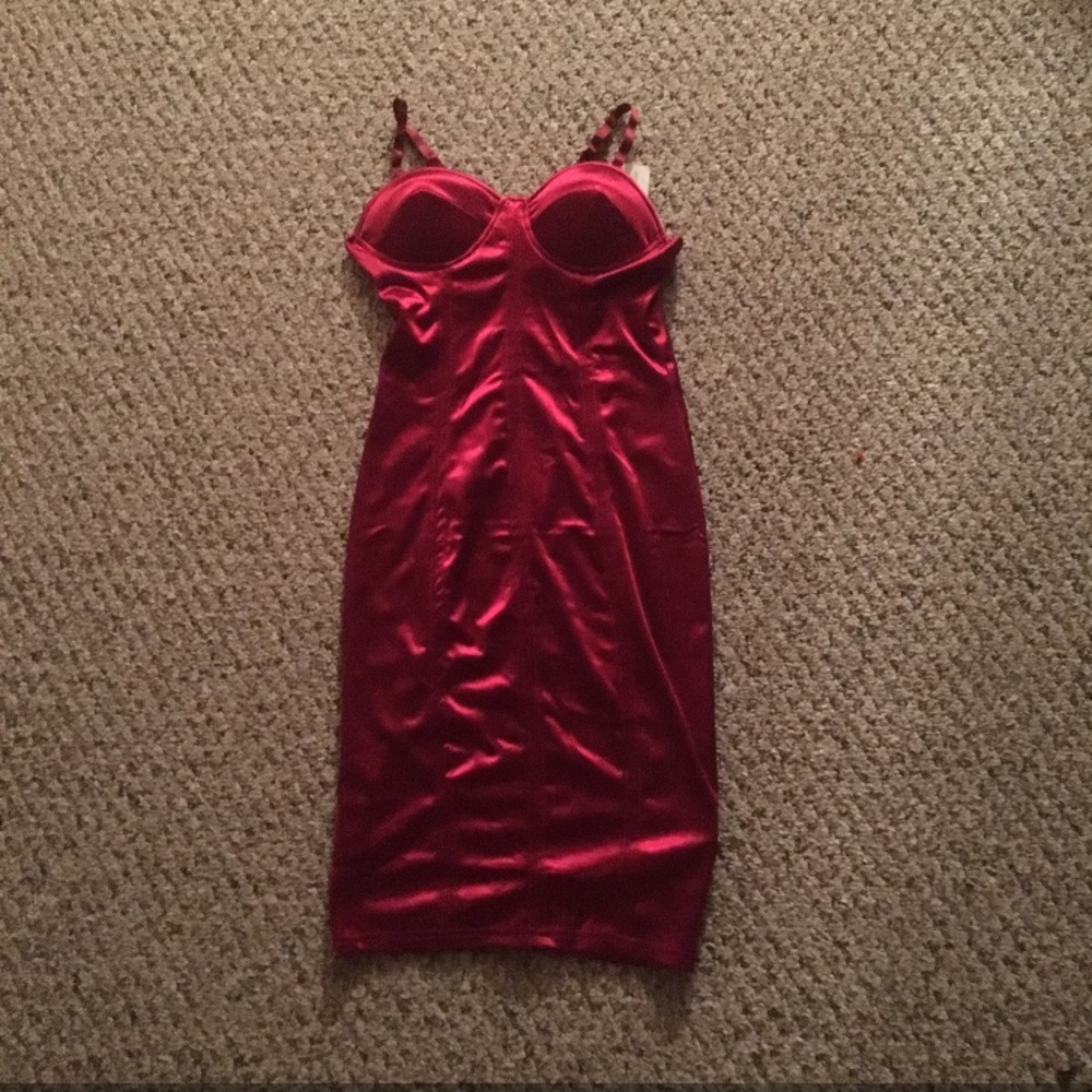 red faux satin dress